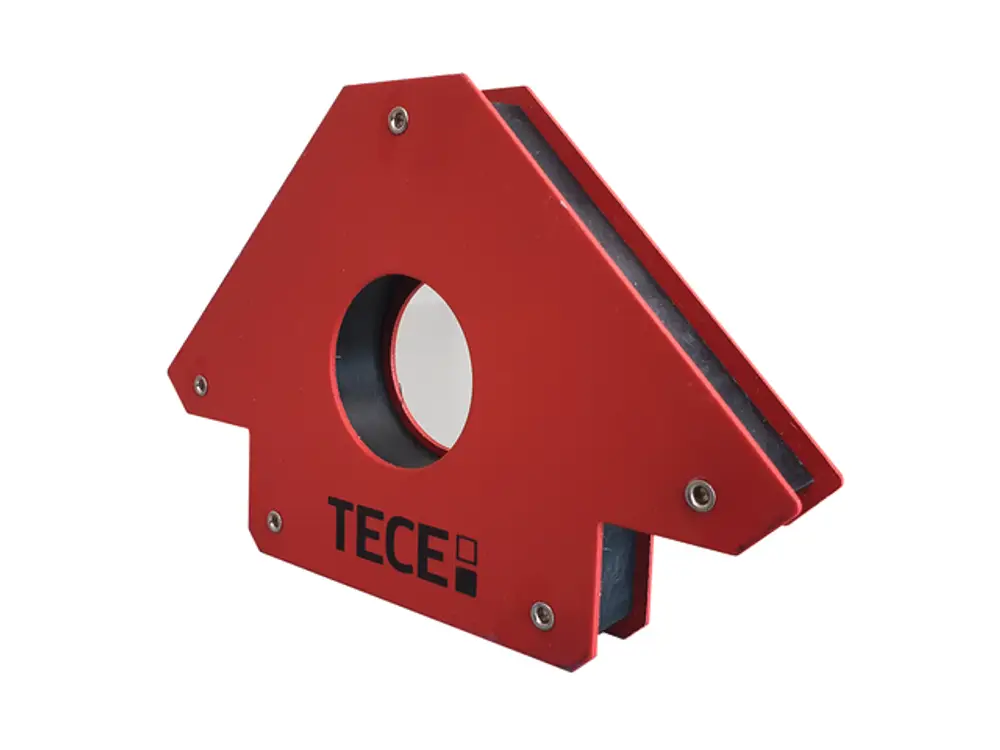 Roter Haltemagnet von TECE mit einer Aussparung in der Mitte. Der Magnet ist flach und hat Schrauben zur Befestigung an der Seite.